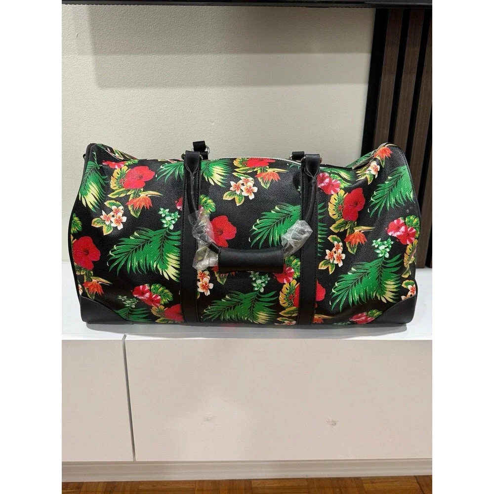 Bebe Floral Duffle Bag 22 x 9 Inch Tropical Print On Black Detachable Strap